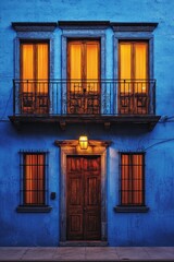 Obraz premium Old blue building facade with a balcony and windows at night in the city of Guanajuato, Mexico, illuminated by warm street light
