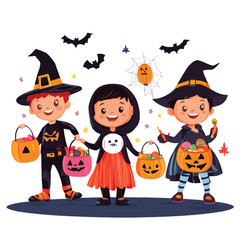 A vector of kids in Halloween costumes holding candy buckets