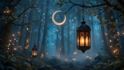 Mystical Night with Moroccan Lantern and Crescent Moon - Enchanting Forest Scene with Ambient Lights
