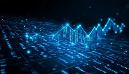 Glowing Cyan Line Chart on Dark Blue Background,. Digital Business Growth Trend, Data Visualization