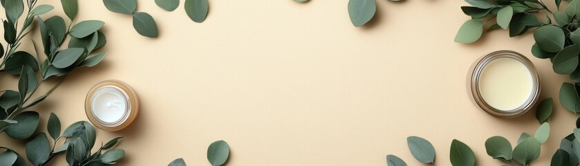 Discover radiant beauty with our Organic Skincare Flat Lay Natural beauty products, hand cream, essential oils, and eucalyptus leaves on a beige background Showcase your commitment to clean beauty
