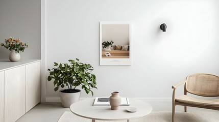 Minimalist Beige and White Living Room Interior with Potted Plants