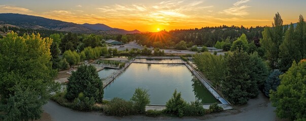 Discover sustainability with this aerial view of a wastewater treatment plant, showcasing grey water recycling and waste management Observe advanced water treatment processes, resource recovery, and