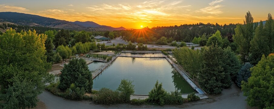 Discover sustainability with this aerial view of a wastewater treatment plant, showcasing grey water recycling and waste management Observe advanced water treatment processes, resource recovery, and