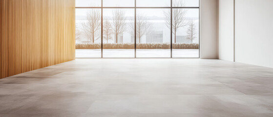 Fototapeta premium Modern empty room with large windows overlooking a serene landscape in winter