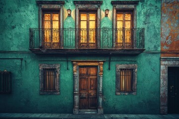 Obraz premium Old green building facade with a balcony and windows at night in the city of Guanajuato, Mexico, illuminated by warm street light