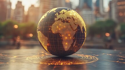 Digital Earth Cityscape, glowing map sphere against urban background, merging technology, and nature themes.