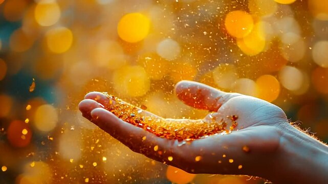 Hand holding amber, autumn bokeh background, magic,  website header