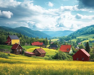 Obraz premium Rural village with scenic countryside landscape, quiet mountain views, fresh fields, calm forest hills, natural and simple green scenery