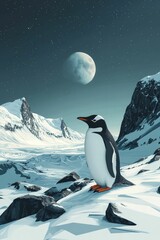 Obraz premium Solitary penguin, snowy mountainscape, serene night scene.