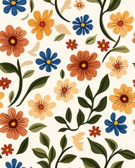 Fototapeta premium A vibrant floral pattern featuring colorful flowers and leaves on a light background, perfect for textiles or home decor.