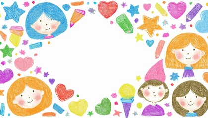 Crayon, chalk kid frame set. Round, square, heart shape hand drawn crayon texture vector color frame element. Chalk, pastel pencil kid craft paint style square, star border. perfect any project.