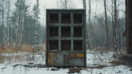 Abandoned vending machine in a snowy forest, surrounded by leafless trees and a misty, desolate atmosphere