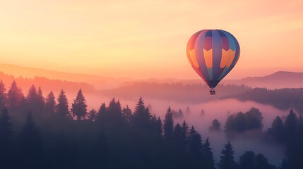 Obraz premium Hot Air Balloon Soaring Over Misty Mountain Forest at Sunrise