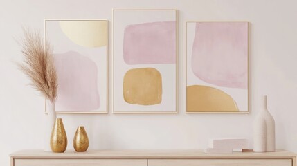 Elegant Abstract Art Display with Pampas Grass and Stylish Vases DÃ©cor