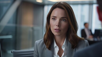 A woman in her 30s with shoulder-length hair, wearing a white blouse and a grey business suit, discussing something with a colleague in a contemporary office setting.