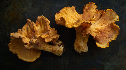 Golden Chanterelle Mushrooms Autumn Harvest Dark Background Gourmet Food Photography Still Life Wild