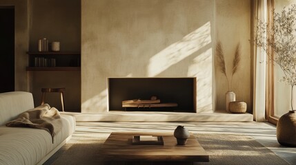 Warm toned living room features a fireplace and sunlight