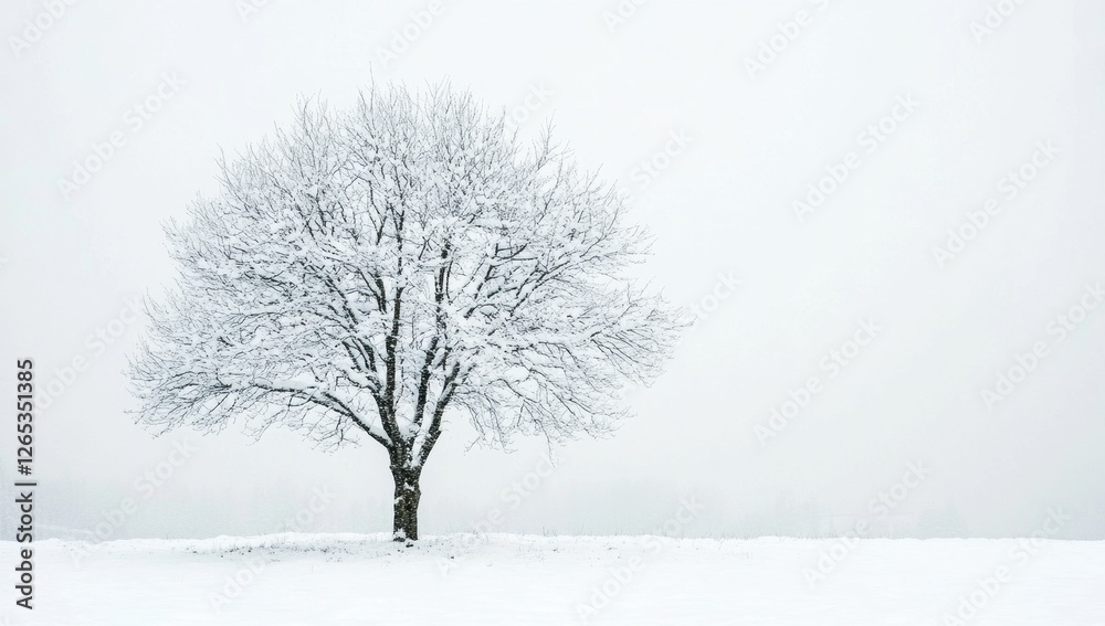 Poster solitary tree stands in a snow-covered field, its branches cloaked in snow. the minimalist compositi