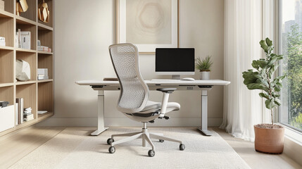 The chair should be positioned at the desk, facing the computer screen, with comfortable space for the arms to rest. 
