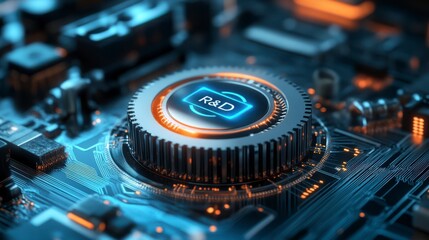 Cutting-edge R&D circuit board detail, glowing technology innovation, microchip with intricate patterns.