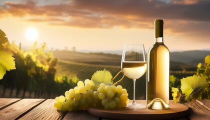 Fototapeta premium bottle of white wine sits on wooden table with a bunch of grapes and a wine glass