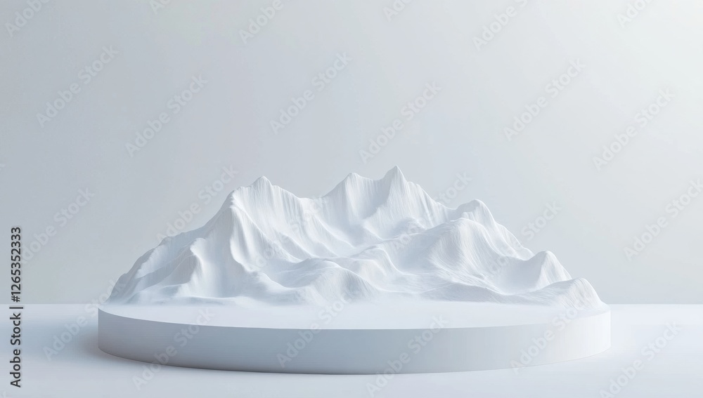 Poster 3D rendering showcasing a minimalist snowy mountain landscape. Clean lines and soft textures create a serene and simple aesthetic