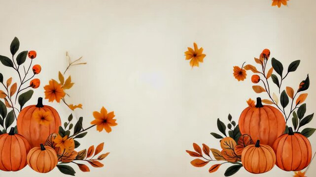 Thanksgiving Harvest Scene with Pumpkins and Cornucopia Foliage on Beige Background Celebrating Autumn Traditions with Seasonal Elements in Rustic Style for Cozy and Warm Holiday Design