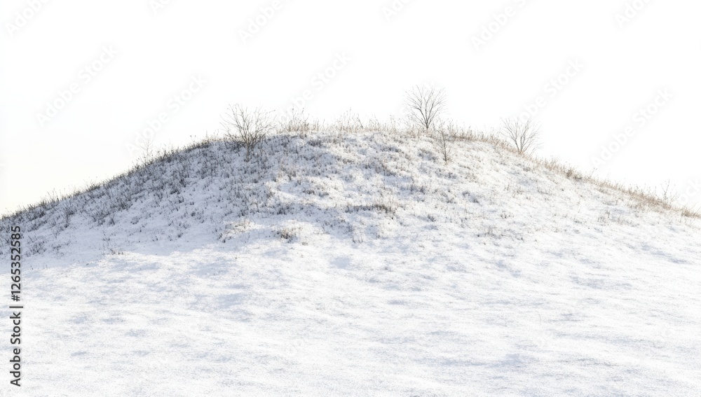 Fototapete Minimalistic snowy hill with sparse trees and grass, evoking tranquility and simplicity against a white background in high resolution