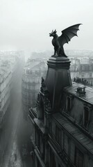 Fototapeta premium Gargoyle perched atop foggy city building