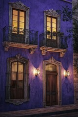 Old purple building facade with a balcony and windows at night in the city of Guanajuato, Mexico, illuminated by warm street light