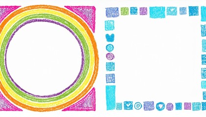 Crayon, chalk kid frame set. Round, square, heart shape hand drawn crayon texture vector color frame element. Chalk, pastel pencil kid craft paint style square, star border. perfect any project.