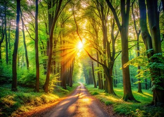 AI-generated portrait: sun-drenched forest path, ethereal beauty.