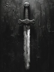 Ancient sword rests dark textured surface