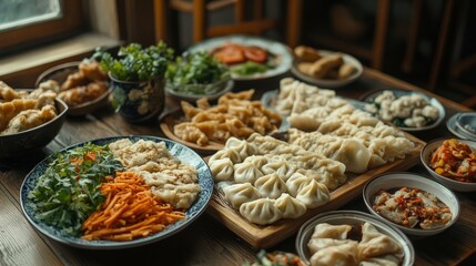 Fototapeta premium A festive Lunar New Year dinner with a variety of traditional dishes like dumplings and spring rolls