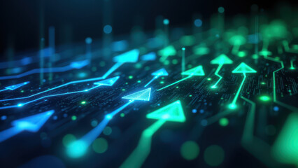 Abstract digital representation of cybersecurity measures with a glowing green and blue circuit board against dark background.