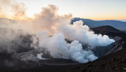 Fototapeta premium Majestic volcanic landscape with swirling gases at sunrise, nature's power