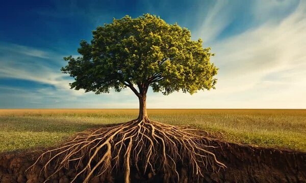 Tree with Extensive Root System in Open Field under Blue Sky.