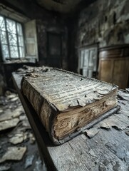 Ancient book rests in decaying room, history's silent witness.