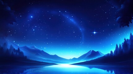 Fototapeta premium A breathtaking view of a tranquil night landscape, featuring a serene lake reflecting the starry sky and distant mountains. The deep blue hues create a peaceful atmosphere.
