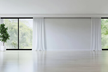 Obraz premium Spacious interior with large windows and greenery visible outside in bright daylight
