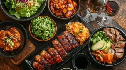 Fototapeta premium A Lunar New Year dinner setting with a variety of dishes representing good luck and prosperity 