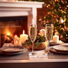 Festive Christmas Dinner Table with Champagne Glasses and Candle