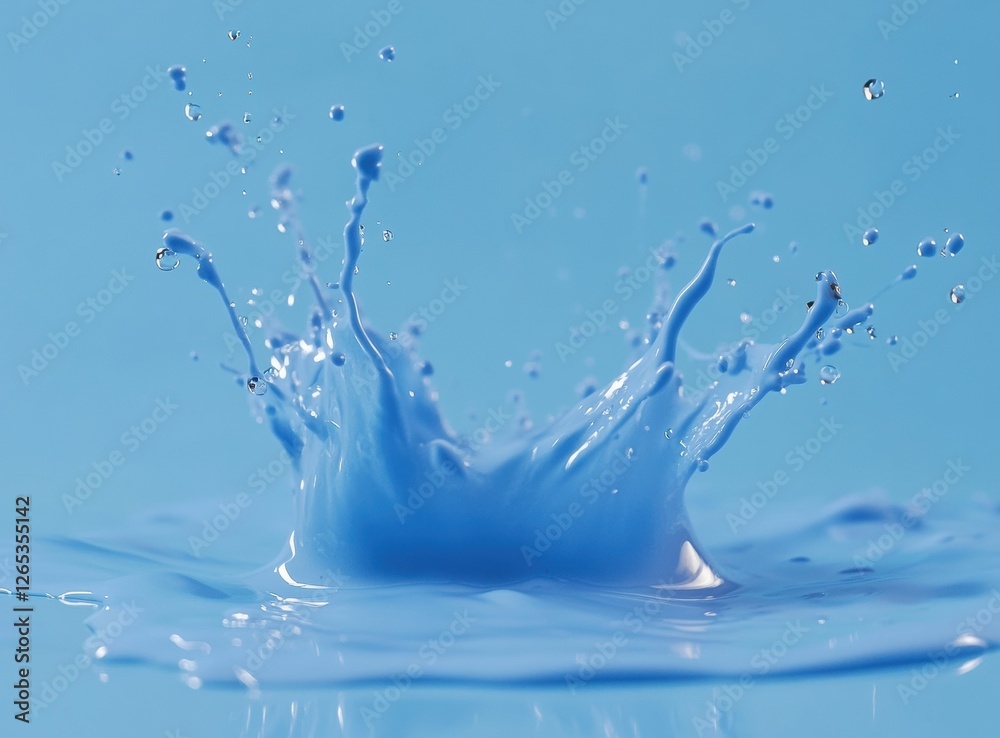 Poster Light blue water splashing and creating a crown shape with droplets on a light blue background