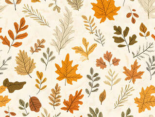 Elegant Hand-Drawn Fall Leaves Seamless Pattern with Nature-Inspired Elements in a Vintage Style for Autumn-Themed Projects