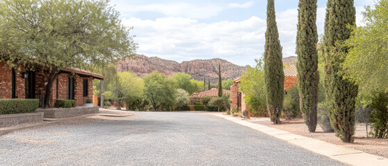 Scenic gravel road lined with trees in a tranquil desert setting during daytime