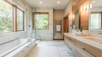Luxury spa-style bathroom with an open shower, marble finishes, and floating vanities, simplicity and wellness combined.