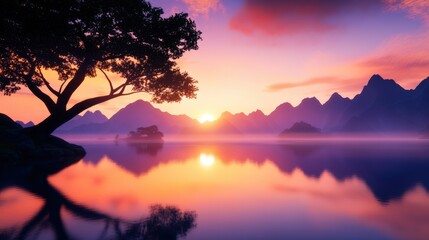 Fototapeta premium A breathtaking sunset over serene mountains, with a calm lake reflecting vibrant colors and a silhouette of a lone tree creating a peaceful atmosphere.