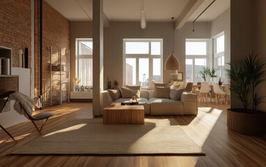 Fototapeta premium Stylish modern living room with natural light and cozy furnishings in urban setting