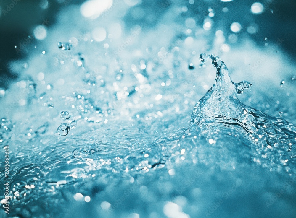 Poster High-resolution close-up of a water splash in light blue, showcasing droplets and bokeh effect with sharp focus for a dynamic background